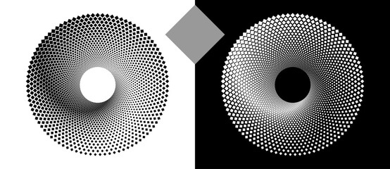 Abstract background with rhombuses in circle. Art design spiral as logo or icon. A black figure on a white background and an equally white figure on the black side.