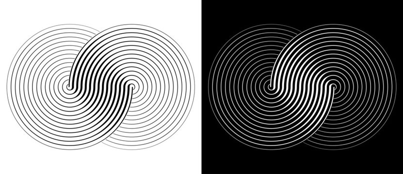 Two circles in a spiral or infinity symbol. Art lines illustration as logo or tattoo, icon. Black shape on a white background and the same white shape on the black side.