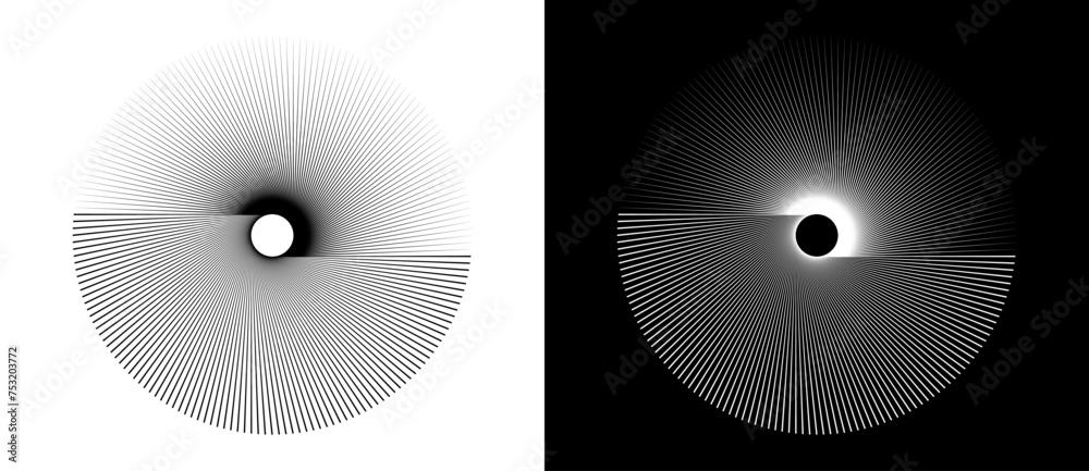Poster Abstract background with lines in circle. Art design spiral as logo or icon. A black figure on a white background and an equally white figure on the black side.
