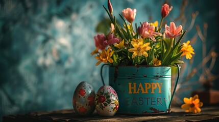 an Easter background featuring 'HAPPY EASTER' in creative typography. antique and wooden atmosphere