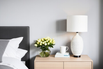 A lamp and flowers on the bedside table in the bedroom. Home interior in a modern style.