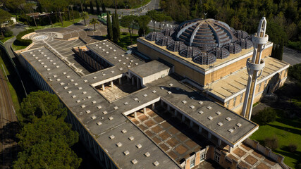 Aerial view of the Mosque of Rome, the largest mosque in the Western world. It is the seat of the Italian Islamic Cultural Centre and it's located in Parioli district, north of Rome, Italy.