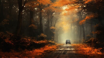 Scenic autumn forest road with yellow and red leaves, large, beautiful trees on either side. There is a car in the background. - obrazy, fototapety, plakaty