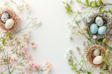 Happy Easter background with eggs in nest, spring flowers and copy space. Flat lay. Greeting card - 753204326