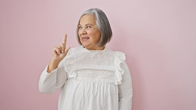 Middle age grey-haired woman wearing shirt standing smiling with an idea or question pointing finger with happy face, number one over isolated pink background