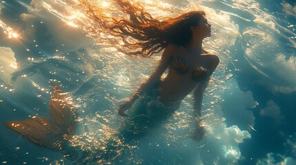  mermaid swimming underwater with a magnificent tail illuminated by light rays. Concept: magic and mystery of the ocean depths, mythical creatures of the depths	 - obrazy, fototapety, plakaty