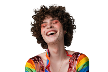 Portrait shot of Young joyful Gay man with colorful lgbt dress isolated on transparent background, Gay transgender smile and posing with trendy lifestyle.