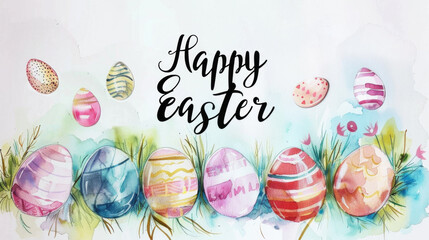 Happy Easter card in light pastel style, watercolor painting with eggs and flowers - 753204530
