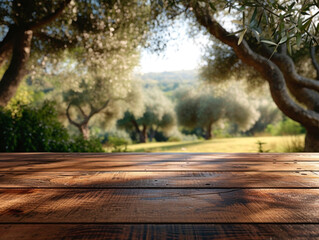 Empty wooden deck for product placement against olive trees background