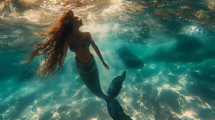  mermaid swimming underwater with a magnificent tail illuminated by light rays. Concept: magic and mystery of the ocean depths, mythical creatures of the depths	 - obrazy, fototapety, plakaty