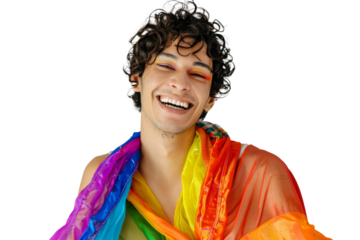Portrait shot of Young joyful Gay man with colorful lgbt dress isolated on transparent background, Gay transgender smile and posing with trendy lifestyle.