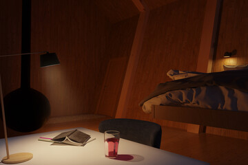 bedroom at night with shining desk lamp. 3D Rendering