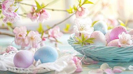 Obraz na płótnie Canvas photography with spring blossom, colorful eggs in an Easter basket, and a soft pastel palette. Perfect for enticing images of Easter celebrations and culinary artistry