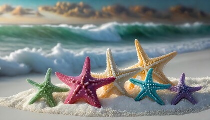 Fototapeta na wymiar various colors of purple, yellow, white, orange, red blue and light yellow starfish