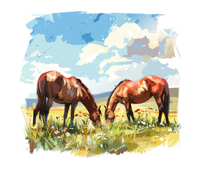 An illustration of two horses on the field in watercolor style.