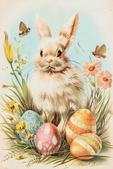 Happy Easter card in light pastel style, vintage illustration with eggs, hare and flowers - 753204795