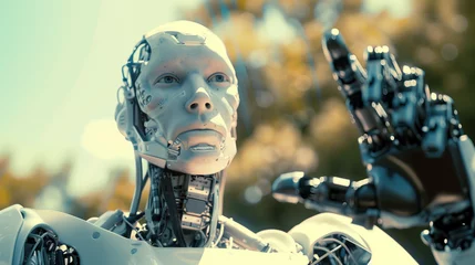 Fotobehang L'intelligence artificielle prend la parole : Un robot humanoïde s'exprime avec confiance © Etherbrush