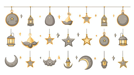 Ramadan icons set on long banner. Gold and gray lant