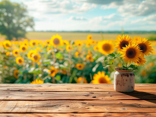Wooden table with a vase of blooming sunflowers on the left to display your product against a field of blooming sunflowers with a white cloudy and blue sky.
