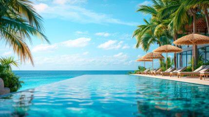 Hotel with a swimming pool going into the sea, sun loungers with straw umbrellas, Palm tree on a tropical beach with blue sky and white clouds abstract background, banner with Copy space