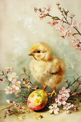 Happy Easter card in light pastel style, vintage illustration with eggs, chicken and flowers - 753205385