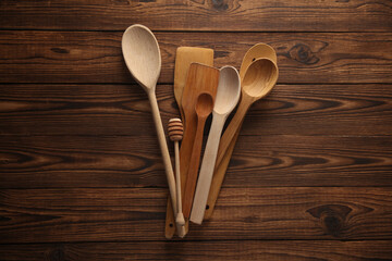 Set of wooden spoons on the table. Kitchen utensils