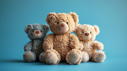 Teddy Bear Trio on Blue.
Three cuddly teddy bears posing on a soft blue background.