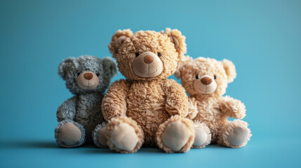 Obraz premium Teddy Bear Trio on Blue. Three cuddly teddy bears posing on a soft blue background.