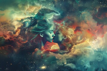 A surreal illustration of two women kissing amidst swirling galaxies and celestial bodies