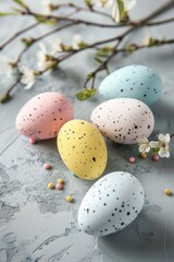 Obraz premium Easter-themed card with colorful solid eggs in light colors, radiating a joyful and celebratory mood.