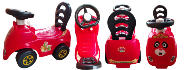 Red children's car photographed from all angles. From the back, from above, from the front and from the side.