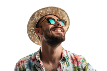 Portrait happy man with summer holiday beach outfits isolated on transparent background for realax at beach on vacation, travel and holidays vacation concept.