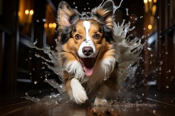 Mischievous dog causing a mess by playfully gnawing on slippers in the cozy home environment - obrazy, fototapety, plakaty