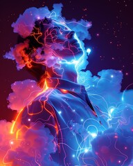 man with neon lights looking up and disolving during astral projection
