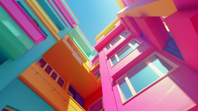 Abstract background From below of colorful geometric building with colorful geometric ornament and windows on wall in city