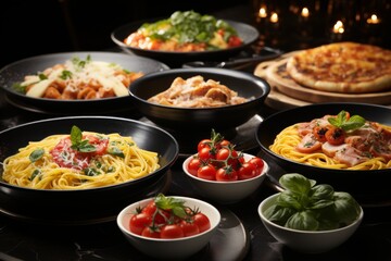 Assortment of delectable spaghetti dishes with various savory sauces and toppings - obrazy, fototapety, plakaty