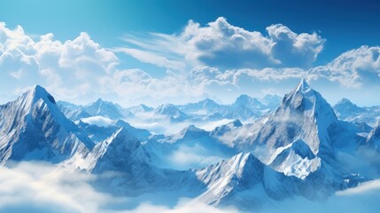 Fototapeta na wymiar Photo of steep snow-covered cliffs under a blue sky, clouds shrouded the mountains