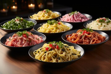 Assorted gourmet spaghetti dishes with a variety of delectable sauces and tantalizing toppings - obrazy, fototapety, plakaty