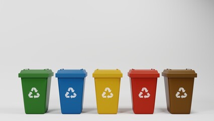 Colored waste bins with recycling arrow logo..