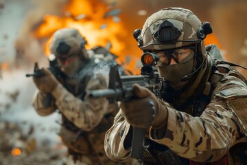 Military soldiers with guns, wearing helmets and protective gear, standing in a war zone with debris and explosions in the background - obrazy, fototapety, plakaty