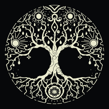 Tree of Life and Moon Phases Esoteric Illustration. Sacred tree of life with moon phase in engraving, hand drawn, luxury, celestial.