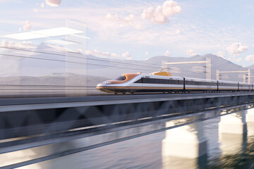Futuristic High-Speed Train on Sleek Bridge Against Mountainous Dusk Sky