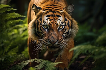 Close-up of a Sumatran tiger in a jungle - obrazy, fototapety, plakaty