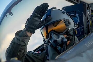 A pilot in a fighter jet waving hand while wearing a helmet and dark goggles