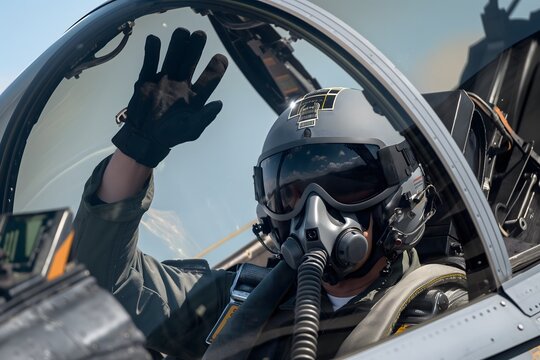 A pilot in a fighter jet waving hand while wearing a helmet and dark goggles
