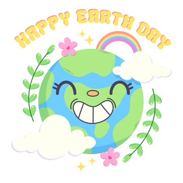 Color vector illustration with happy earth image and lettering in groove style. Rainbow, clouds, plants, glitter, flowers