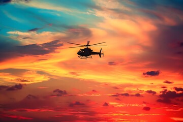 Fototapeta na wymiar A helicopter flying in the sky during sunset 