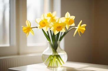 bouquet of yellow daffodils in a glass vase, interior, care, beauty, postcard, flowers, attention, gift, decoration