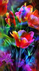 This image features a dynamic display of tulips surrounded by a vibrant swirl of colors, invoking movement and energy