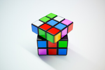 Vibrant Multicolored 3D Puzzle Cube Isolated on Pristine White Background